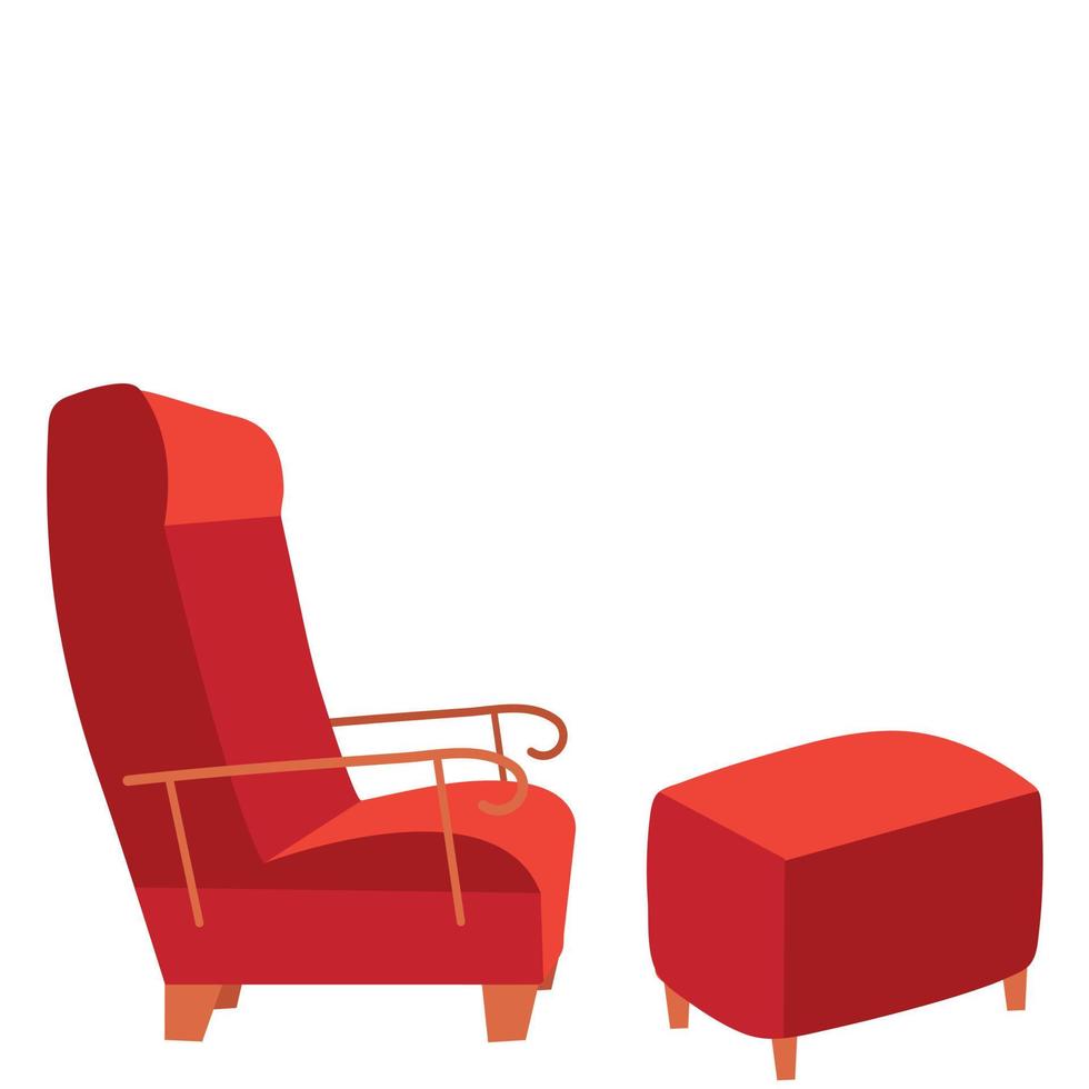 silla tapizada roja, reposapiés sobre un fondo blanco. vector