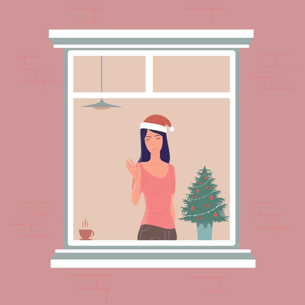 gente celebrando año nuevo y navidad. regalos y decoraciones, árbol de navidad y ambiente festivo. vector