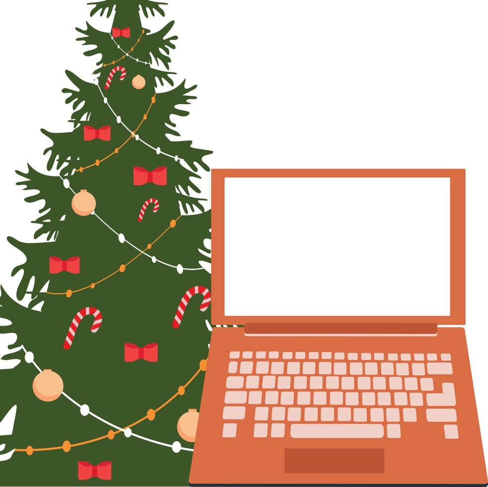 New Year or Christmas. Computer, space for text.Christmas decorations and decorations. vector