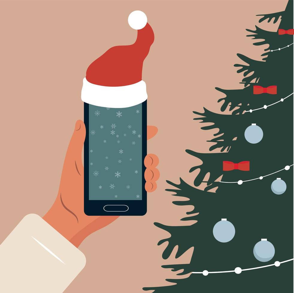 New Year or Christmas. Smartphone or tablet, space for text. Christmas decorations . Vector illustration.