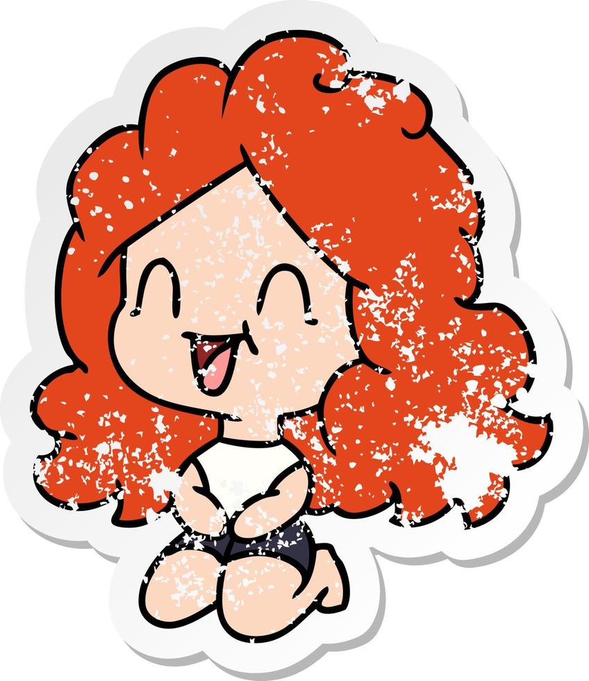 distressed sticker cartoon cute kawaii happy girl vector