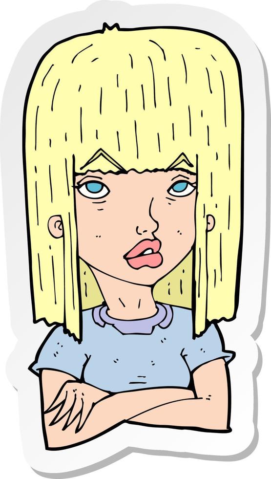 sticker of a cartoon girl with folded arms vector