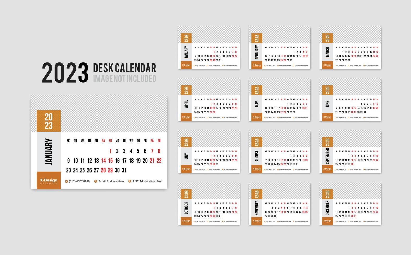 calendario de escritorio mensual para el año 2023. la semana comienza el lunes vector