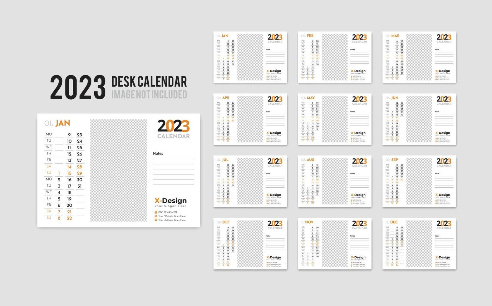 2023 Desk Calendar Template, Monthly Desk Calendar, Table Calendar 2023 Layout Design, Daily Desk Calendar vector