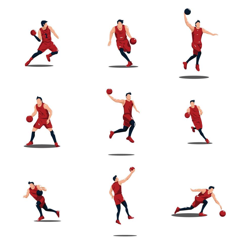 ilustraciones, caricatura, conjunto, de, hombre, juego, basket ball, juego, -, ilustraciones, conjunto, de, baloncesto, jugador, aislado, en, blanco vector