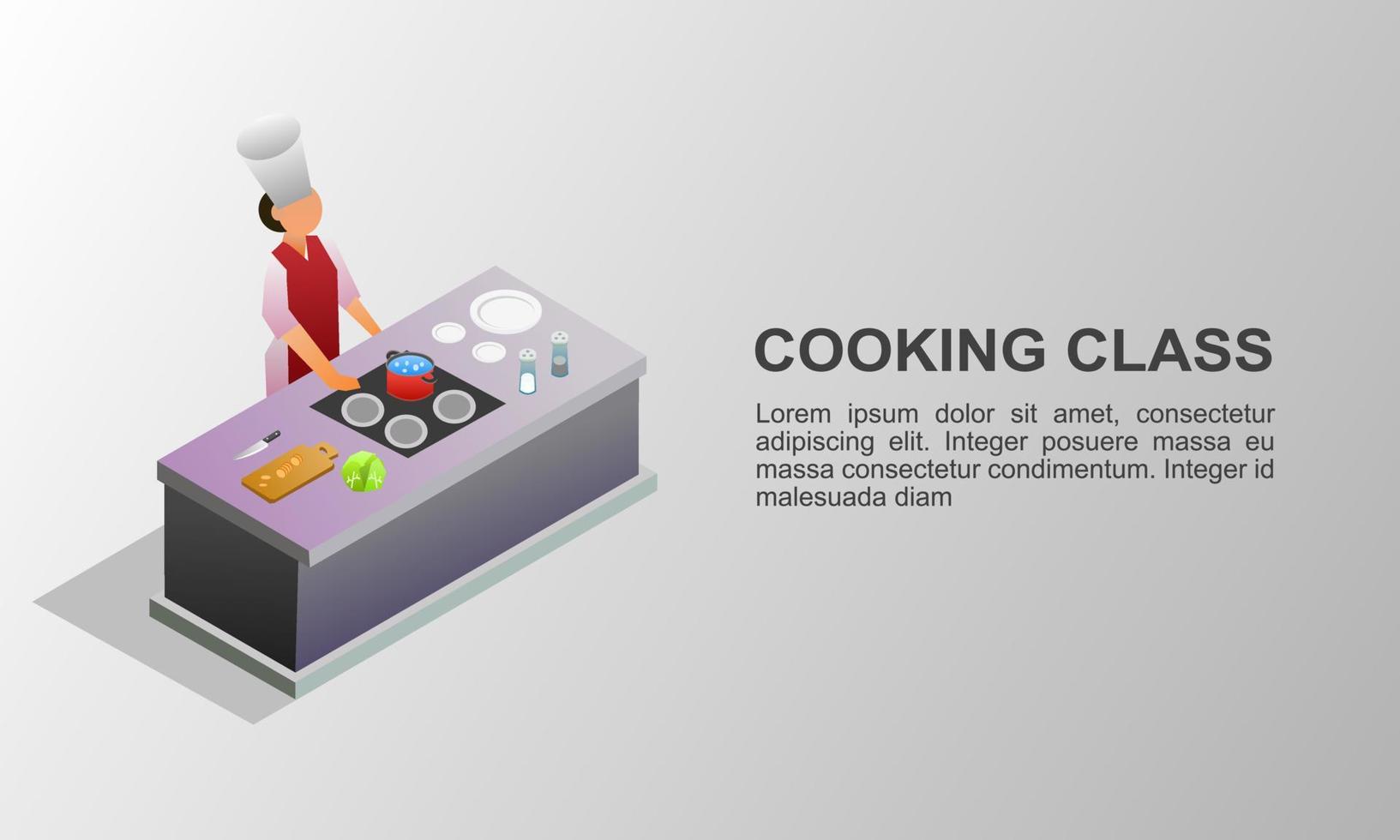 ilustración isométrica de clase de cocina con verduras y juego de cocina vector