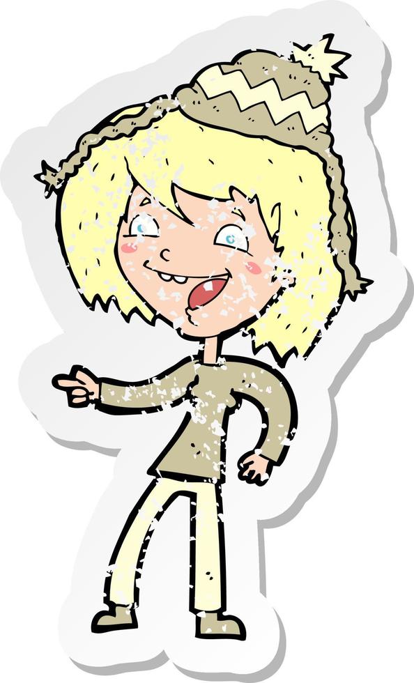 retro distressed sticker of a cartoon woman wearing hat vector