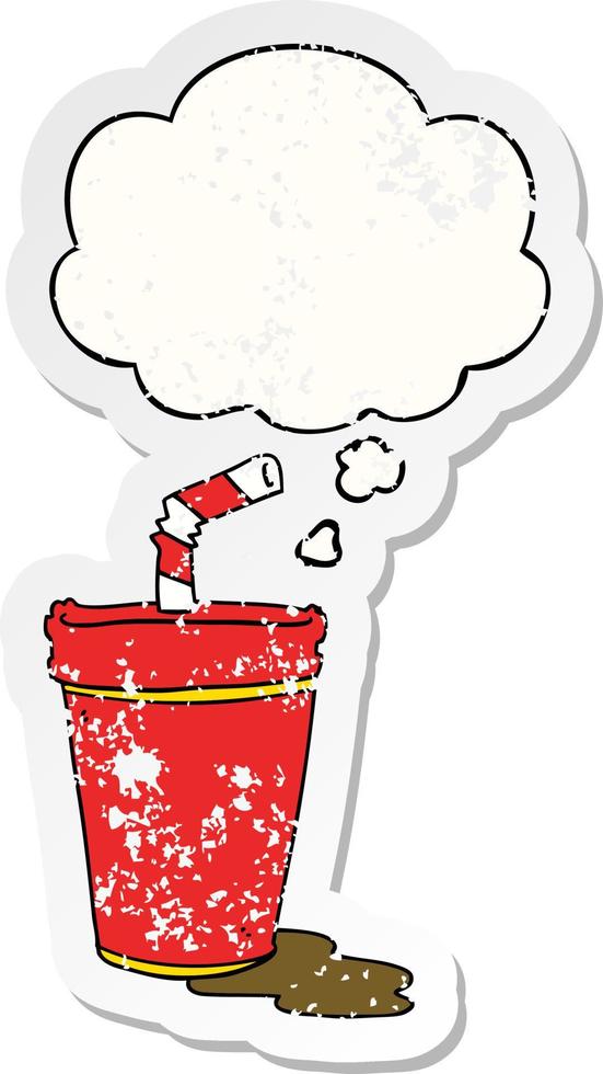 cartoon soda cup and thought bubble as a distressed worn sticker vector