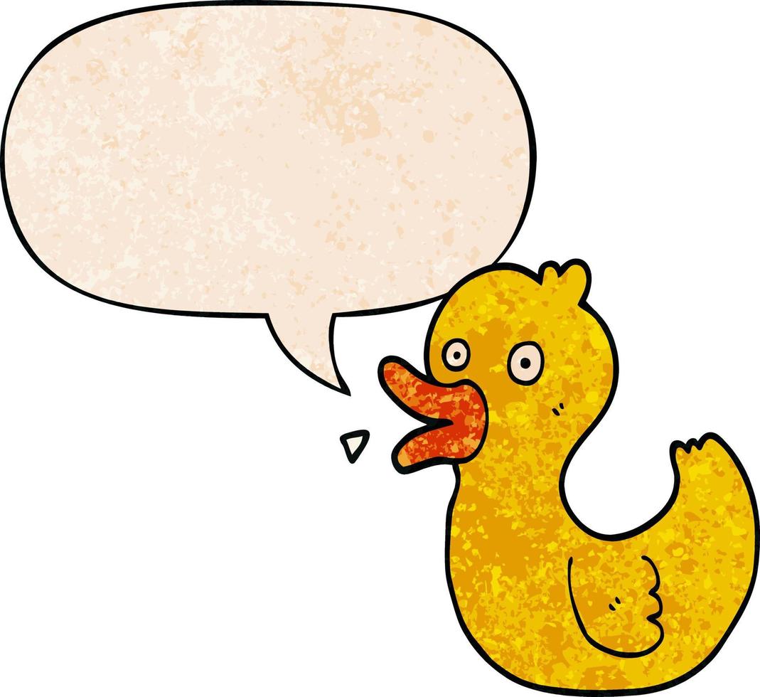 cartoon quacking duck and speech bubble in retro texture style vector
