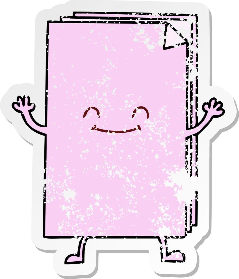 distressed sticker of a quirky hand drawn cartoon happy stack of papers vector