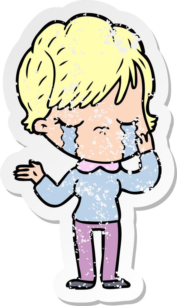 distressed sticker of a cartoon woman crying vector