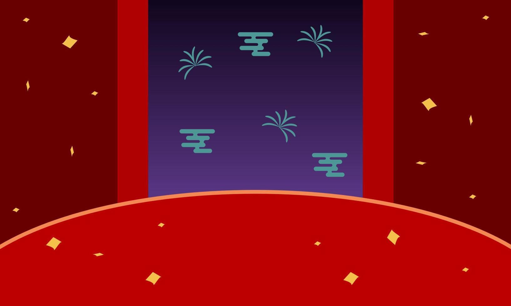red background with ribbon glitter and firework and cloud vector