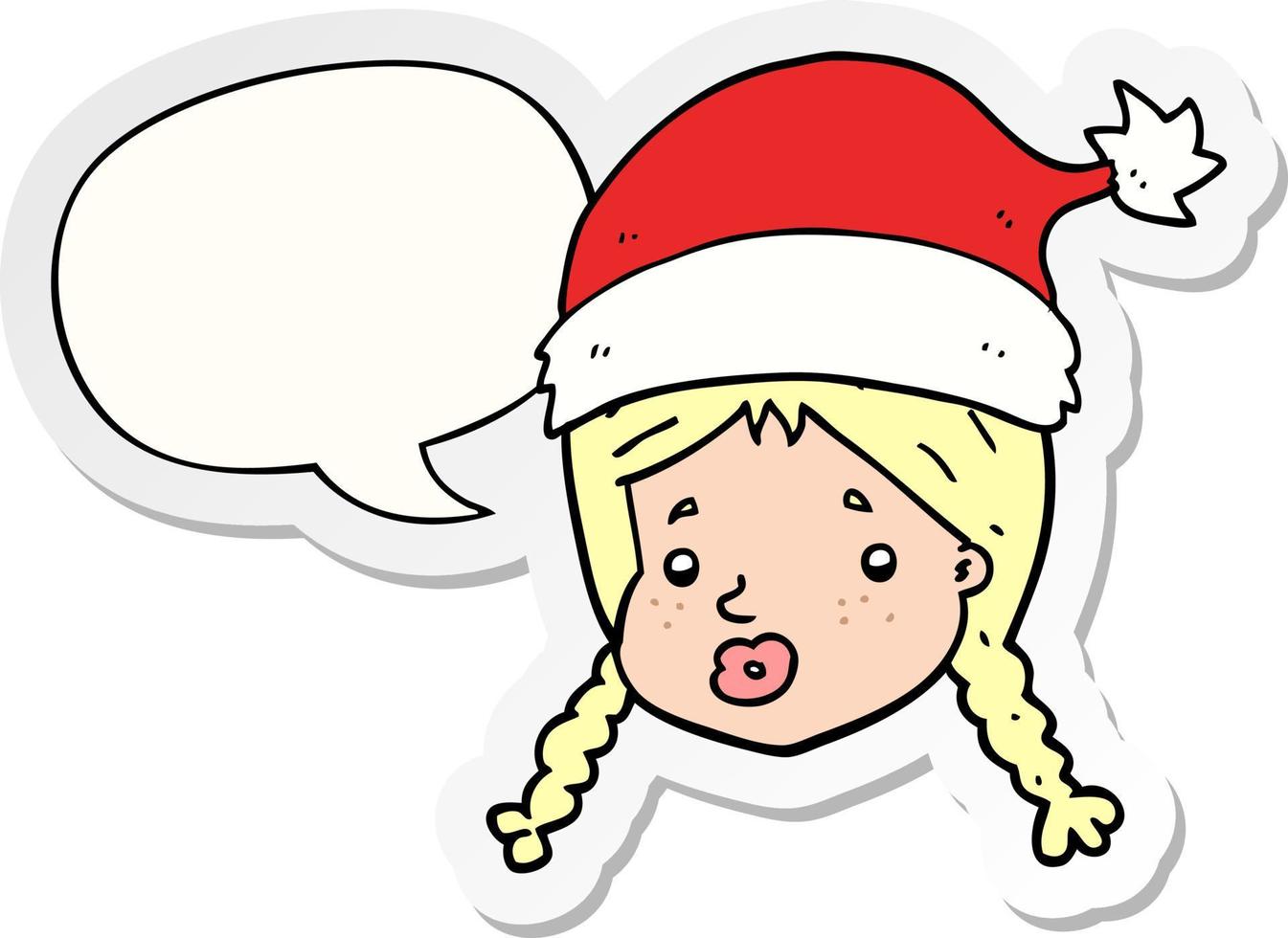 caricatura, niña, llevando, navidad, sombrero, y, discurso, burbuja, pegatina vector