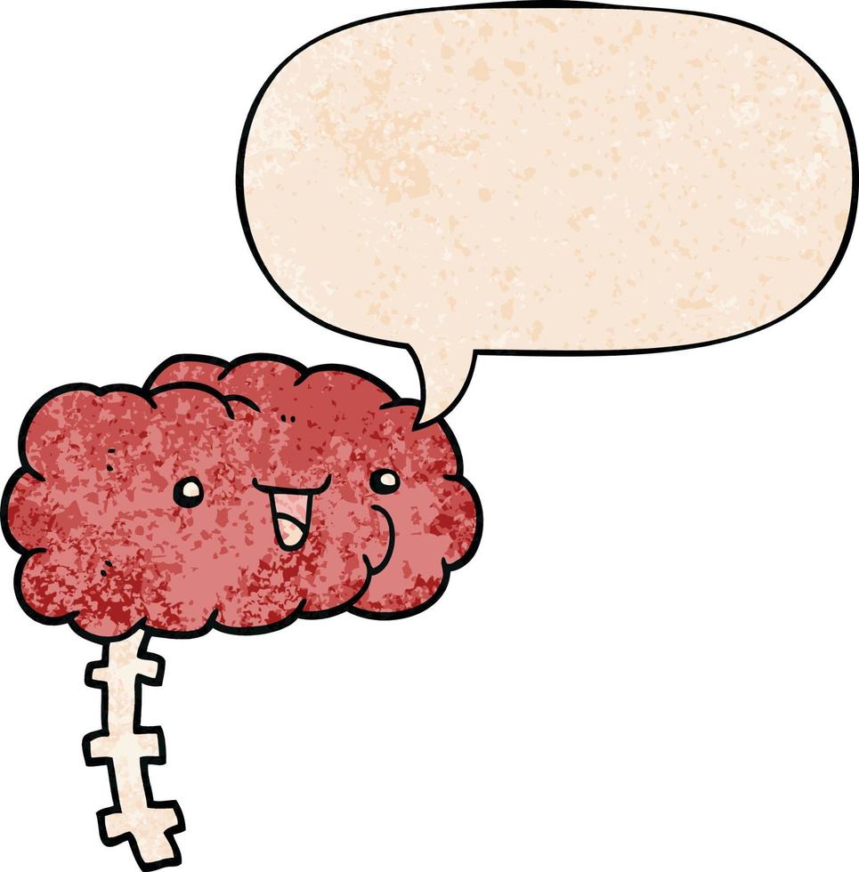 happy cartoon brain and speech bubble in retro texture style vector