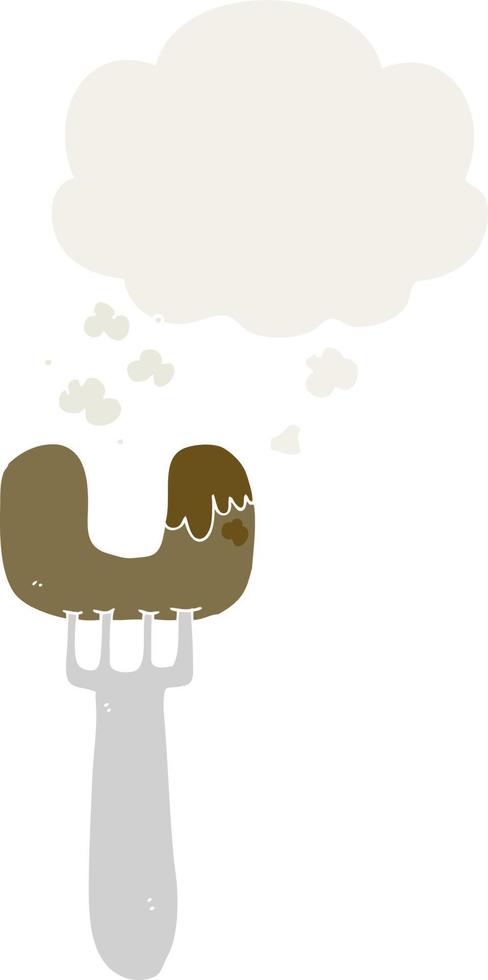 cartoon sausage on fork and thought bubble in retro style vector