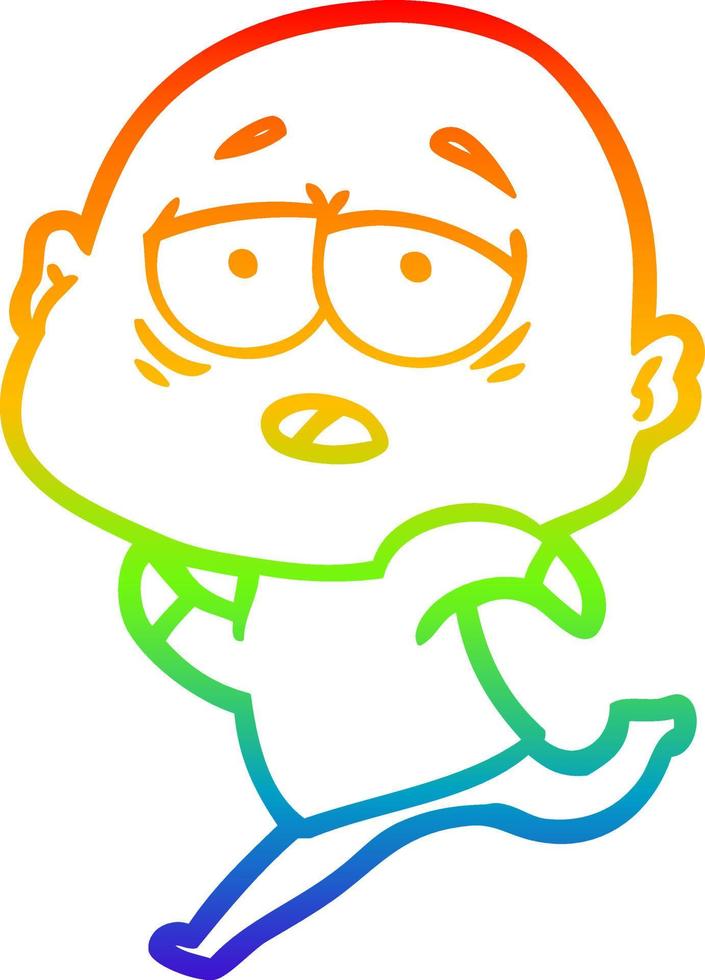 rainbow gradient line drawing cartoon tired bald man vector