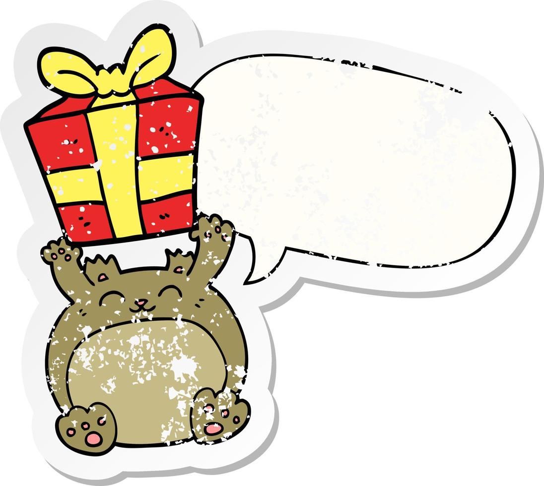 cute cartoon christmas bear and speech bubble distressed sticker vector