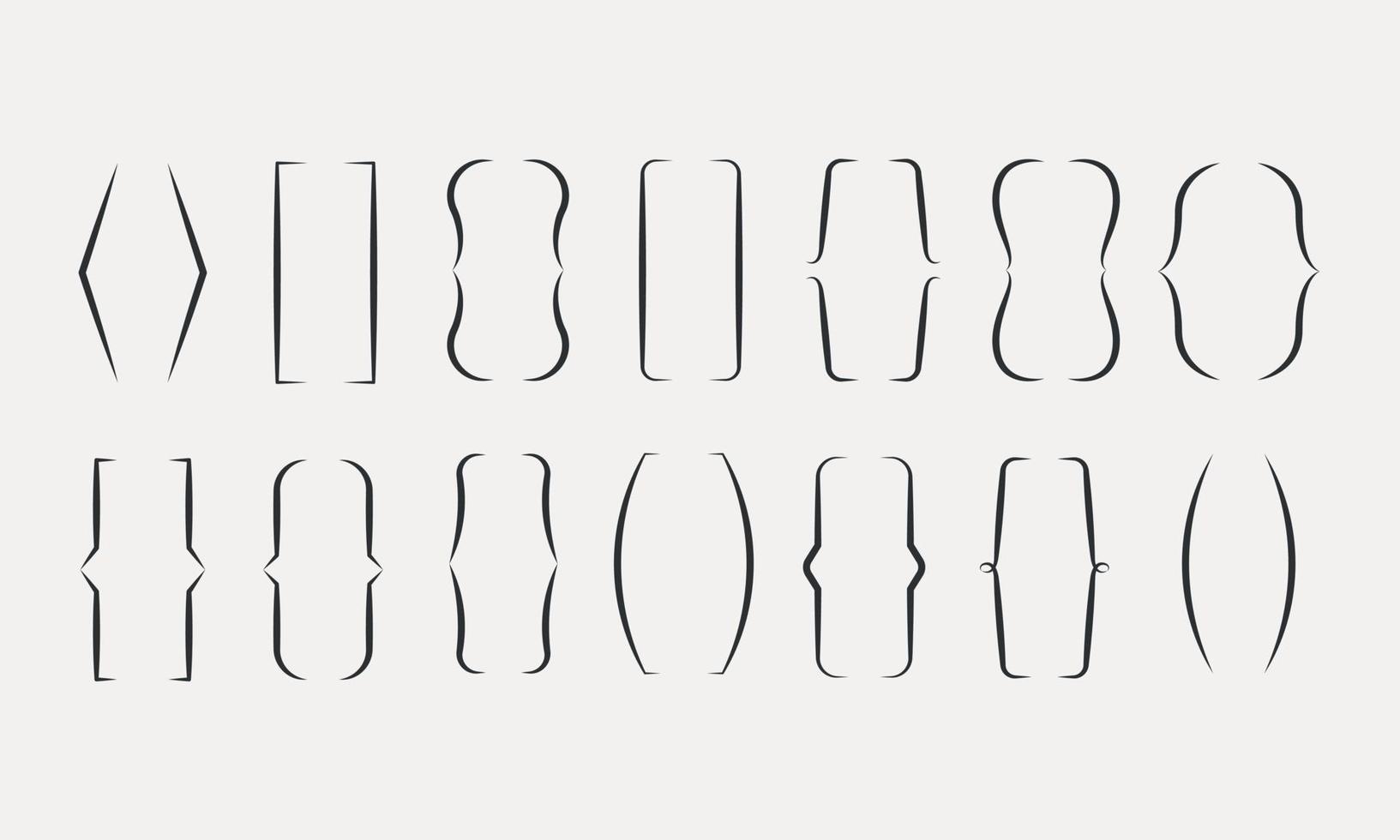 Black brackets. Set of curly braces thin line. Parentheses punctuation marks. Coding symbols. Vector