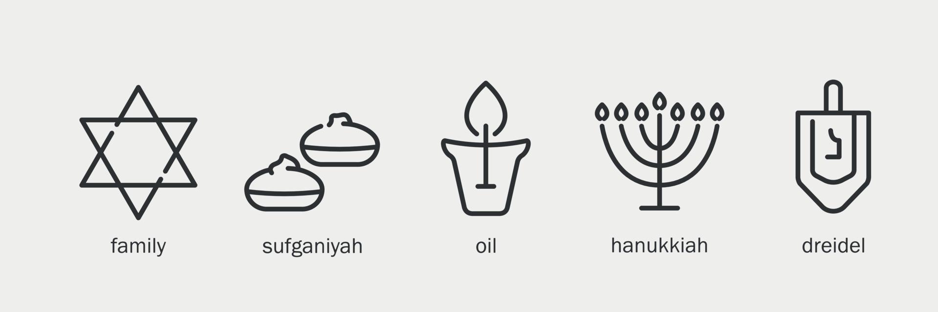 Hanukkah line icons set. Jewish religion holiday. Set includes icons as hanukkah doughnut, menorah, dreidel, candel light, David star, kosher oil. Vector illustration