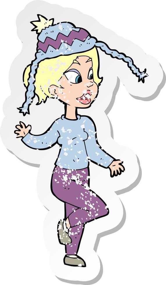 retro distressed sticker of a cartoon woman in knitted hat vector