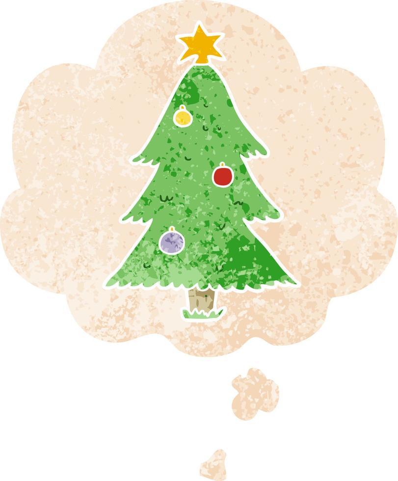 árbol de navidad de dibujos animados y burbuja de pensamiento en estilo retro texturizado vector