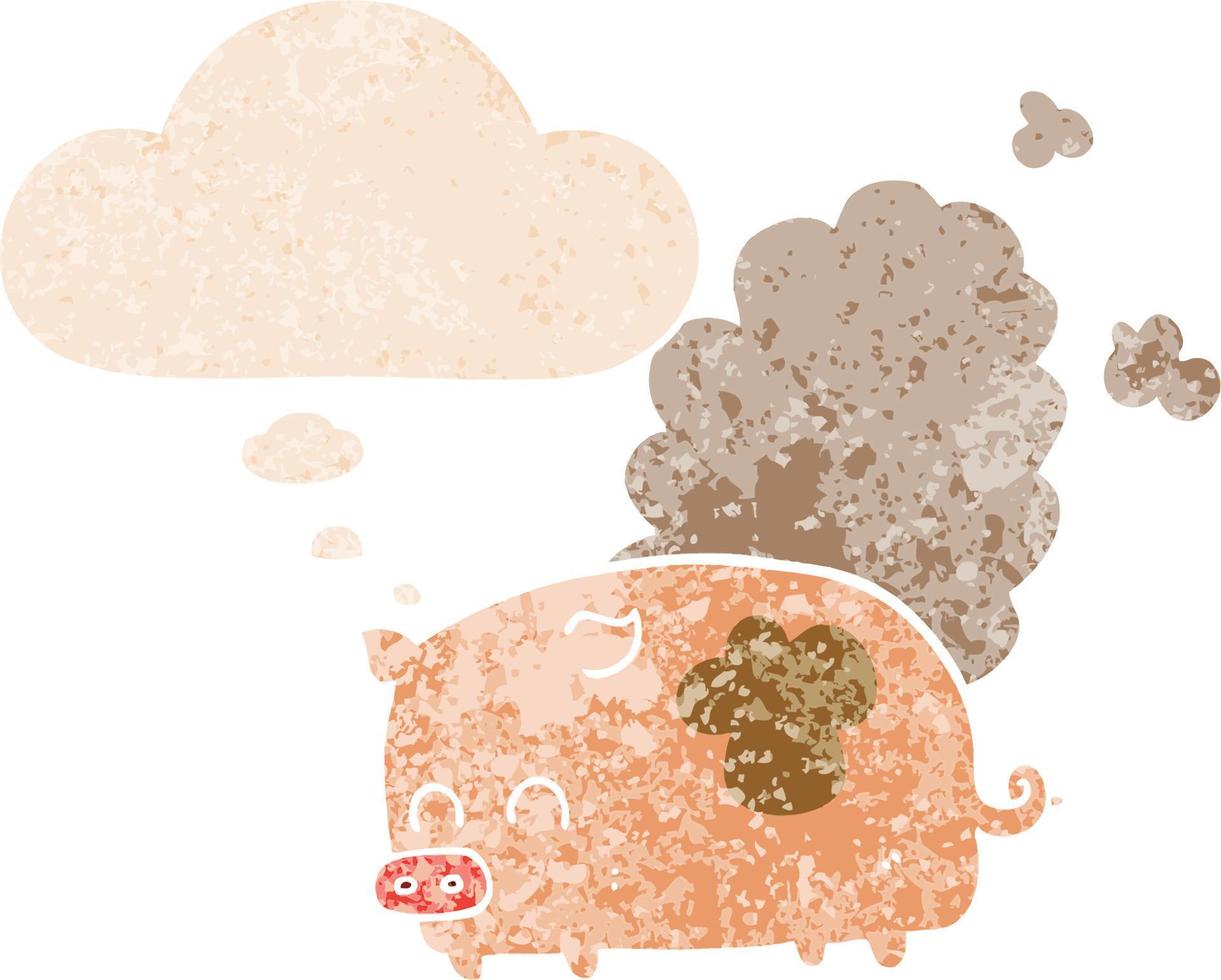 cartoon smelly pig and thought bubble in retro textured style vector