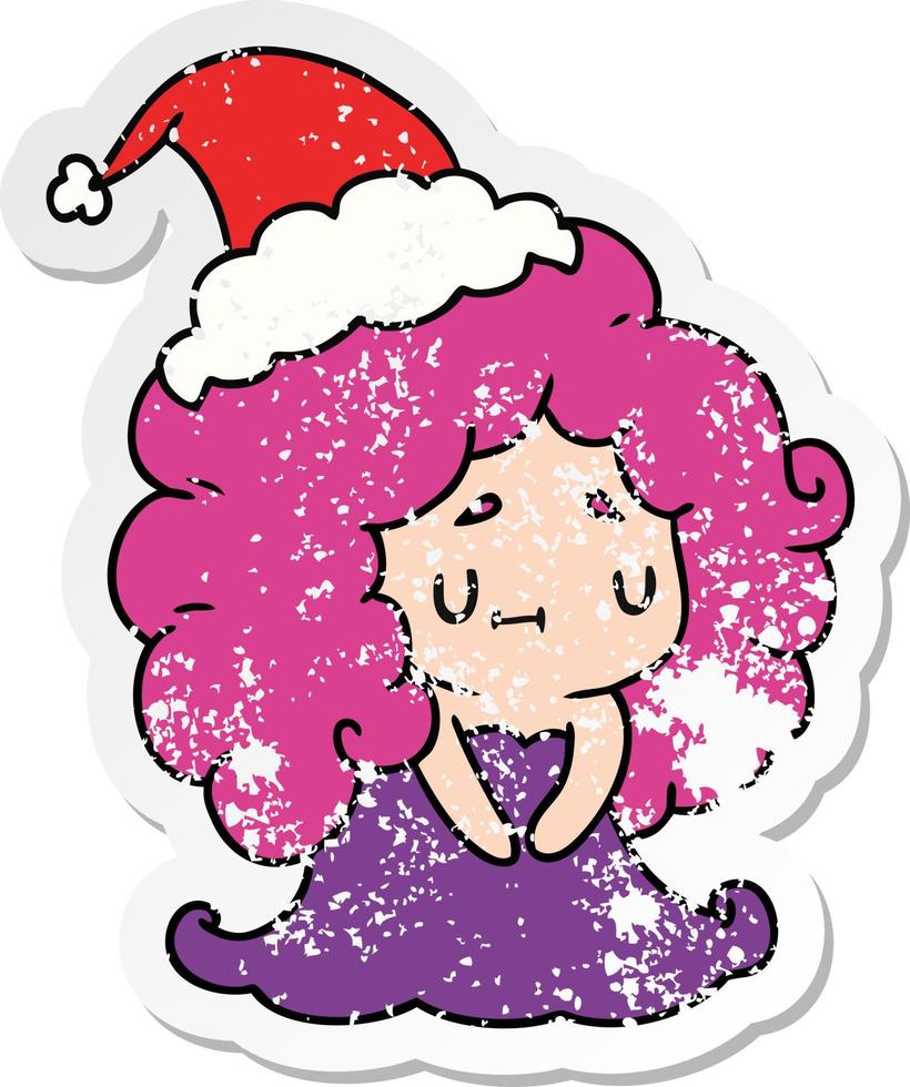 christmas distressed sticker cartoon of kawaii girl vector