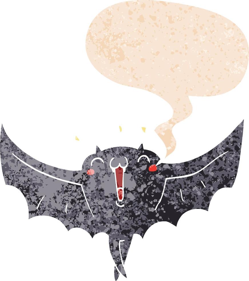cartoon happy vampire bat and speech bubble in retro textured style vector