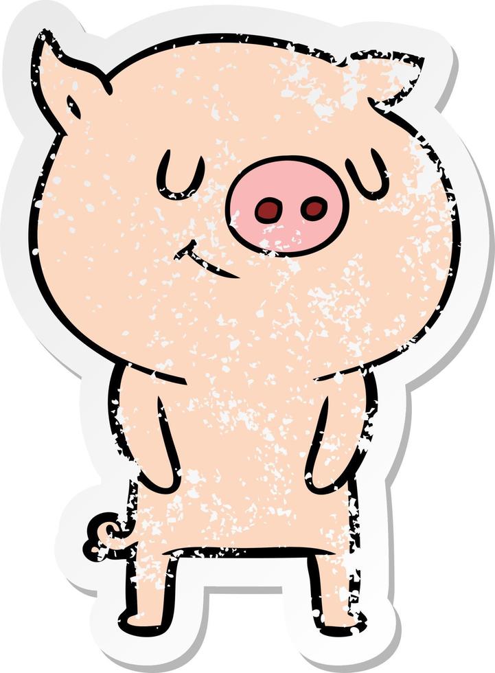 distressed sticker of a happy cartoon pig vector