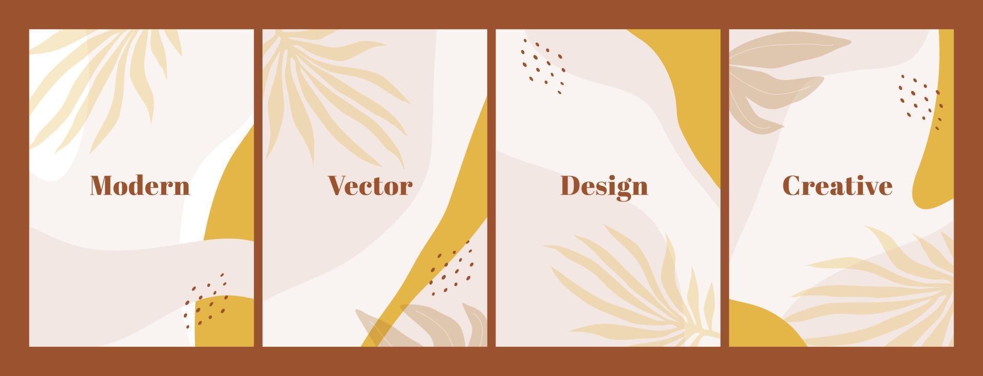 Stylish set of templates with abstract shapes and hand draw leaves in pastel colors. Neutral background in boho style. Vector Illustration