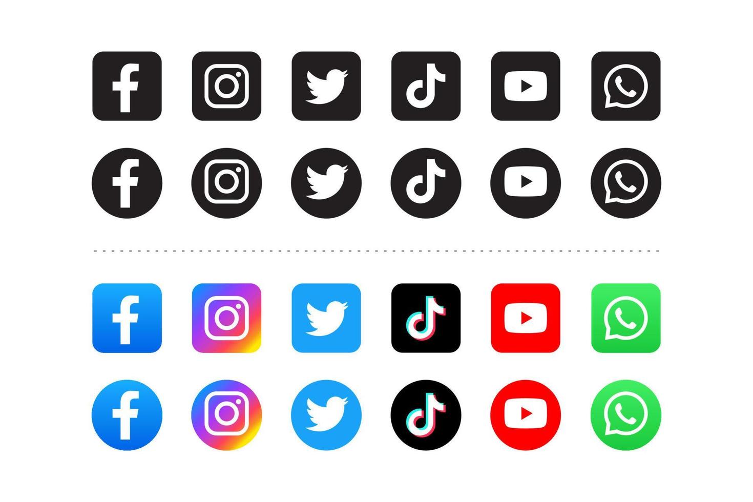 Set of social media icons in white and color background vector