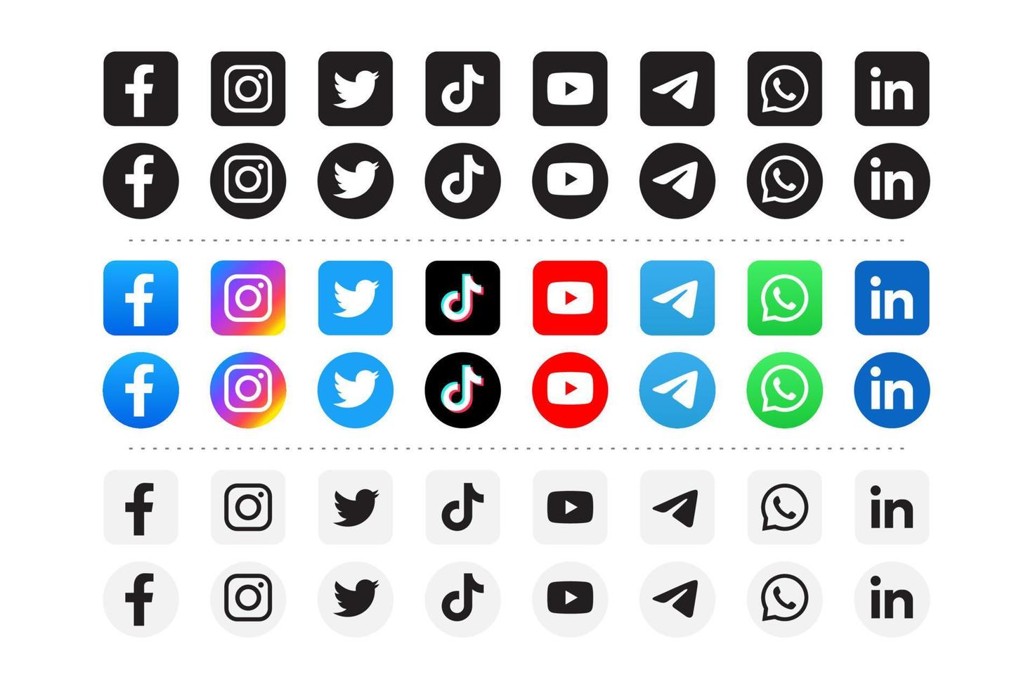 Set of social media icons in white and color background vector