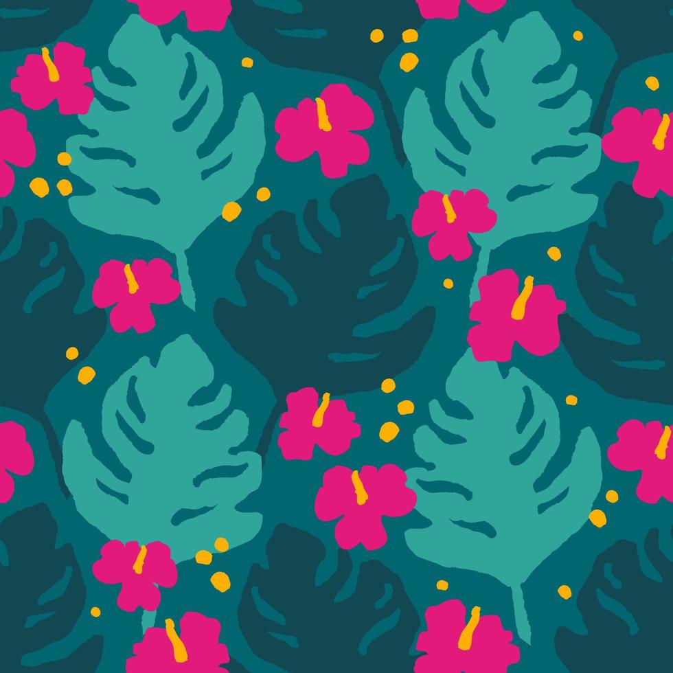 Tropical seamless pattern with monstera palm leaves and hibiscus flowers. Contemporary background in Scandinavian style. Hand drawn trendy texture for print, design, fabric. Vector illustration