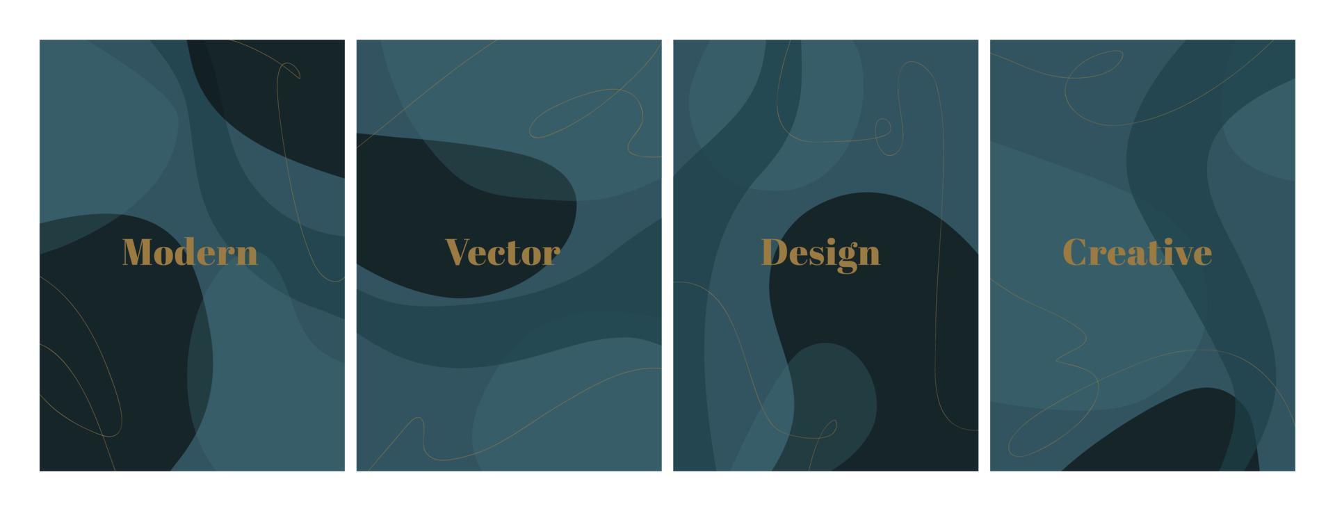 Set of stylish templates with organic abstract shapes and line in dark blue colors. Modern background in minimalist style. Contemporary vector Illustration