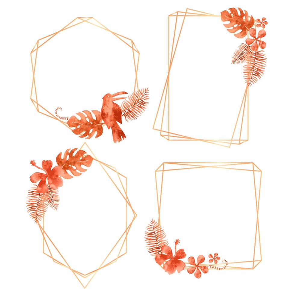 Floral set of golden geometric frames with burnt orange watercolor tropical palm leaves. Botanical vector illustration for invitation card and decor