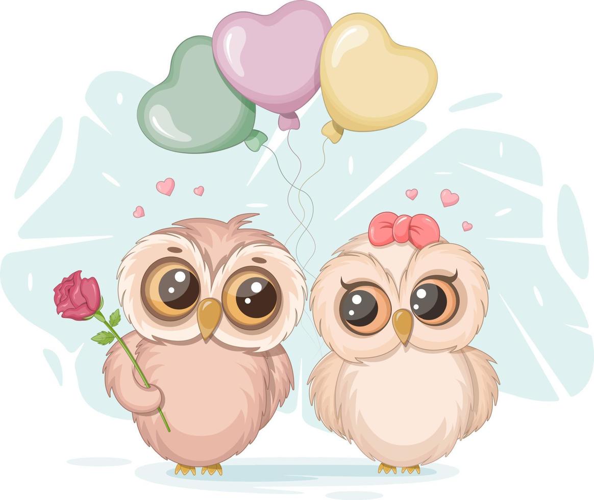 Cute and romantic owls with rose and balloons vector