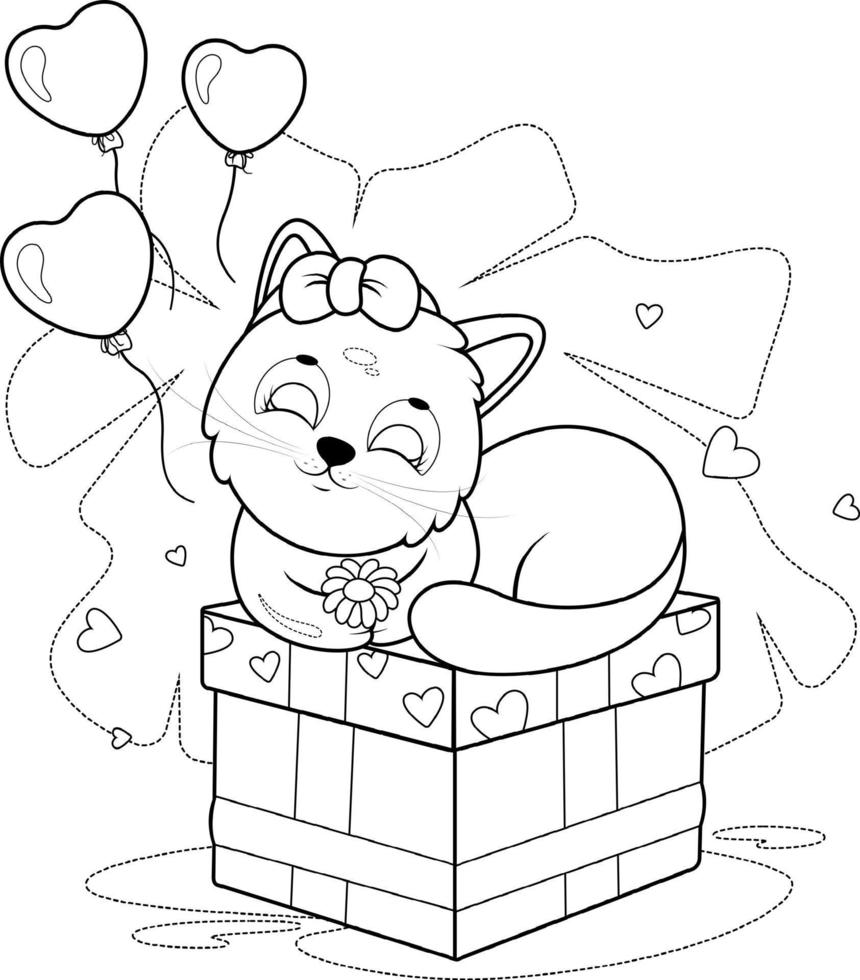 página para colorear lindo gatito con globos, corazones y un regalo vector