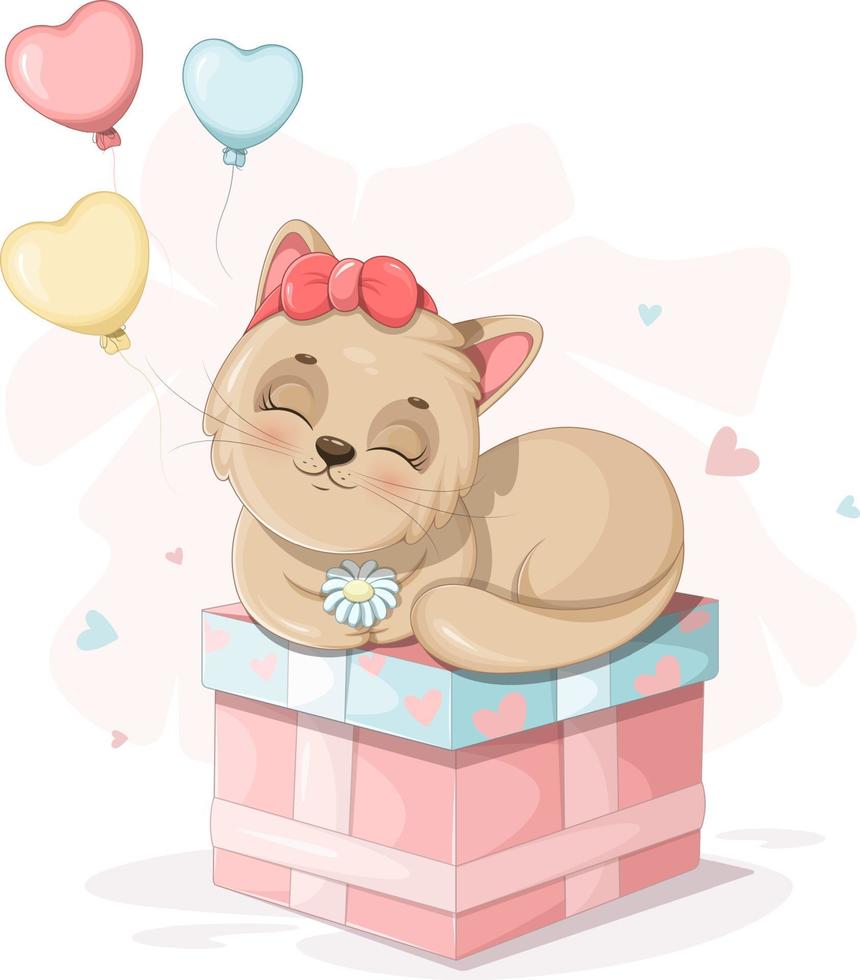 lindo gatito con globos, corazones y un regalo vector