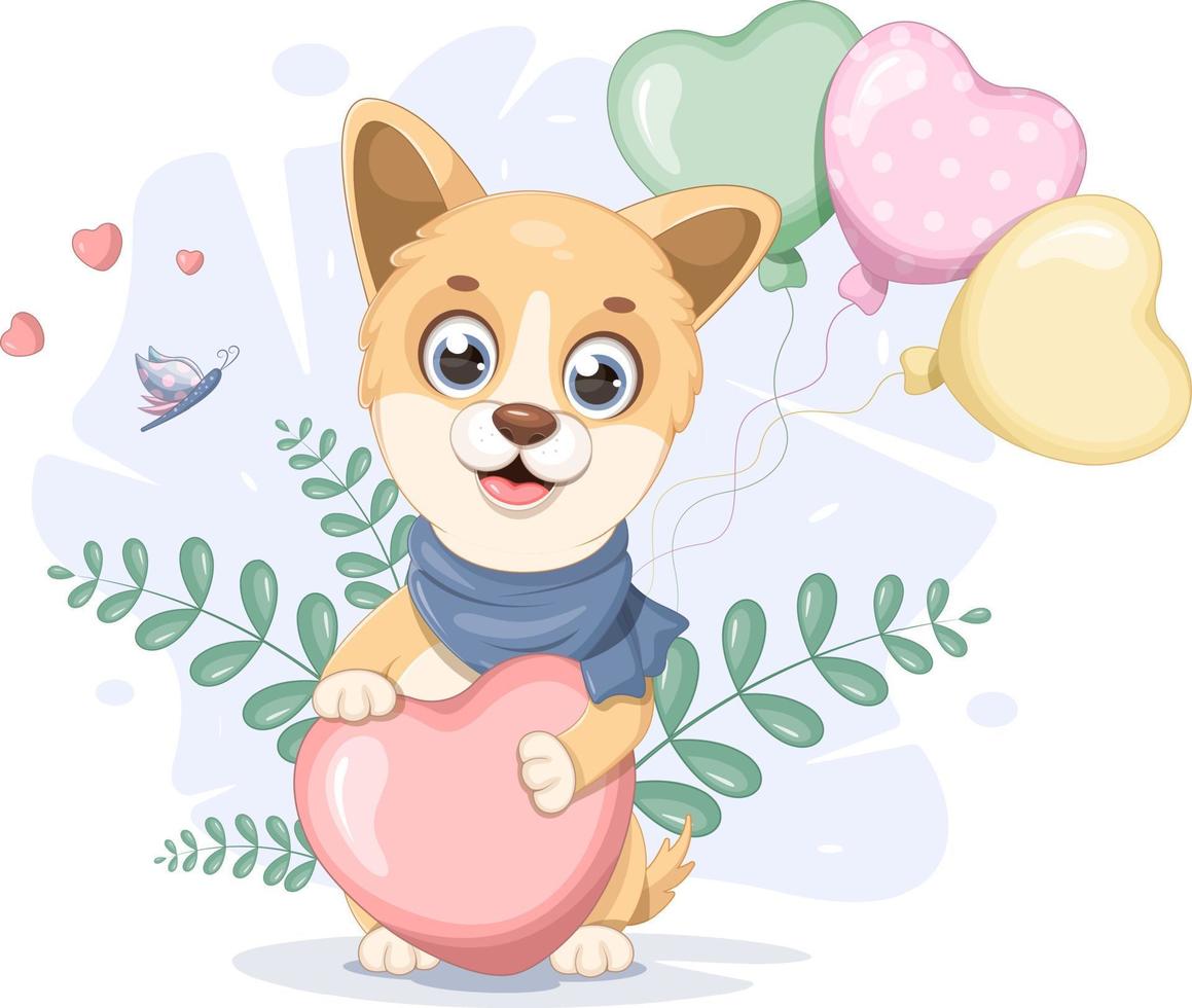 lindo cachorro con una mariposa, corazones y globos vector