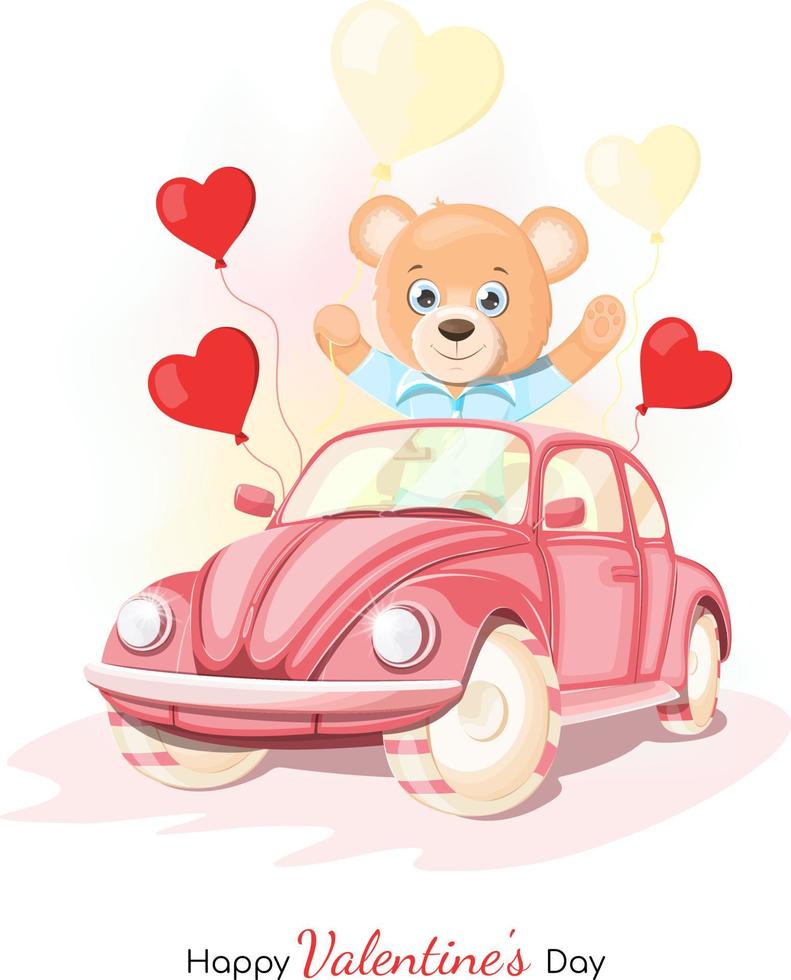 Cute and cheerful Teddy bear in a car with balloons - hearts. Happy Valentine's Day, valentine's card, postcard vector