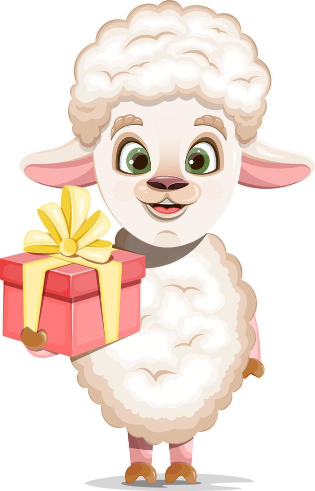 Cheerful, cute and cartoon sheep holding a gift vector