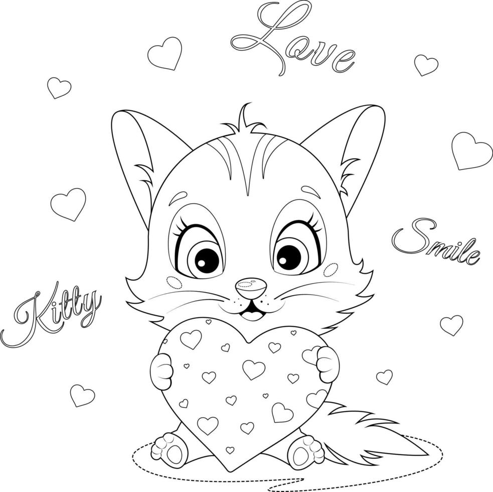 Coloring page. Smile kitten with heart vector