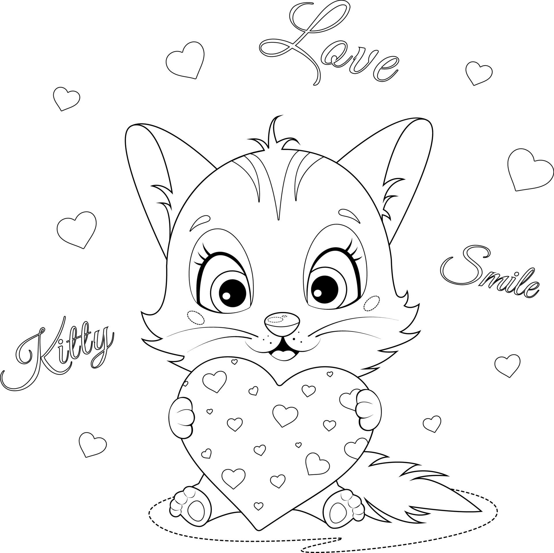 Coloring page. Smile kitten with heart 10688117 Vector Art at Vecteezy