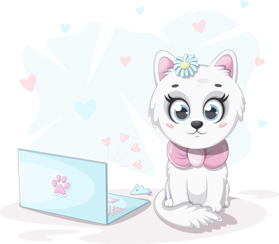 Cute cartoon cat sitting near laptop vector