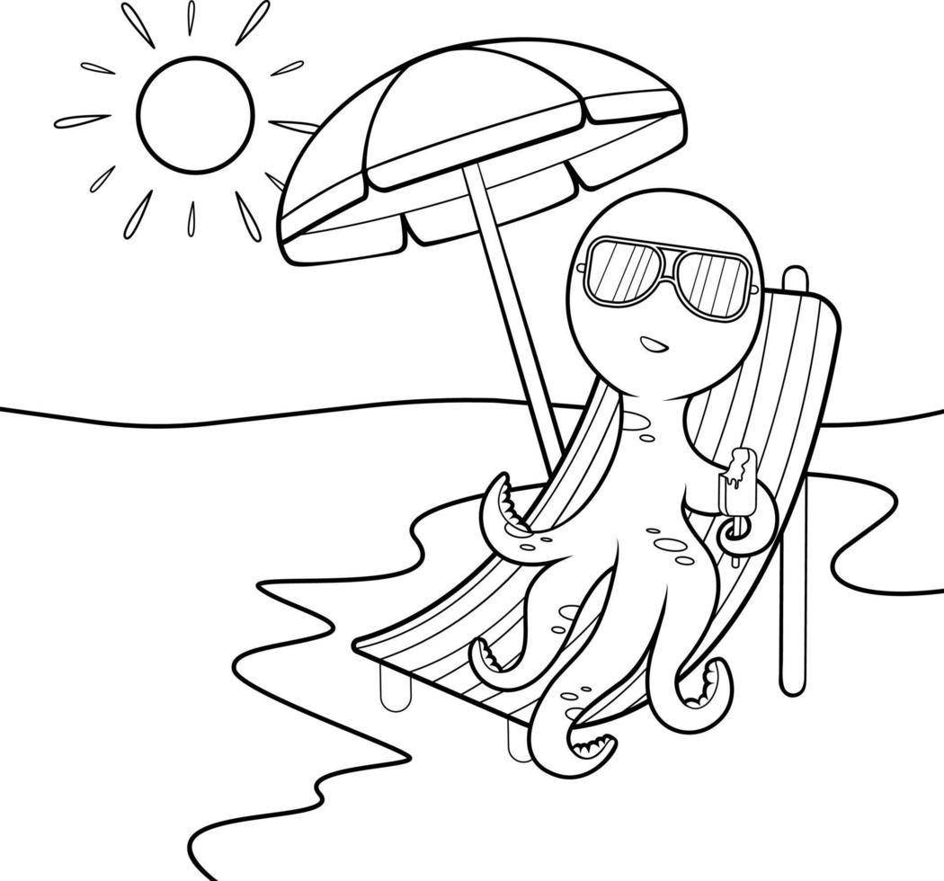 página para colorear pulpo feliz con gafas bajo una sombrilla en la playa vector