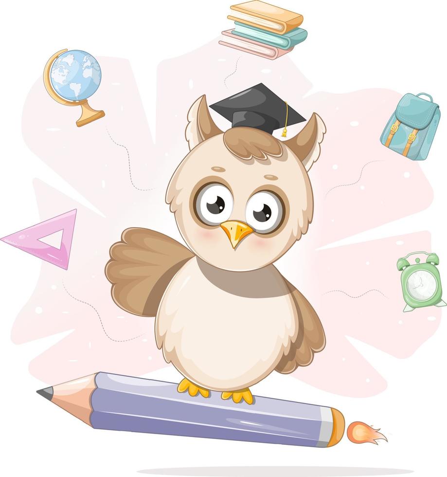 Smart cartoon owl flying on a pencil vector