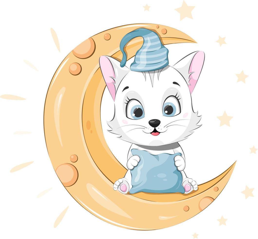 Cartoon cute kitten sitting on the moon. Time to sleep vector