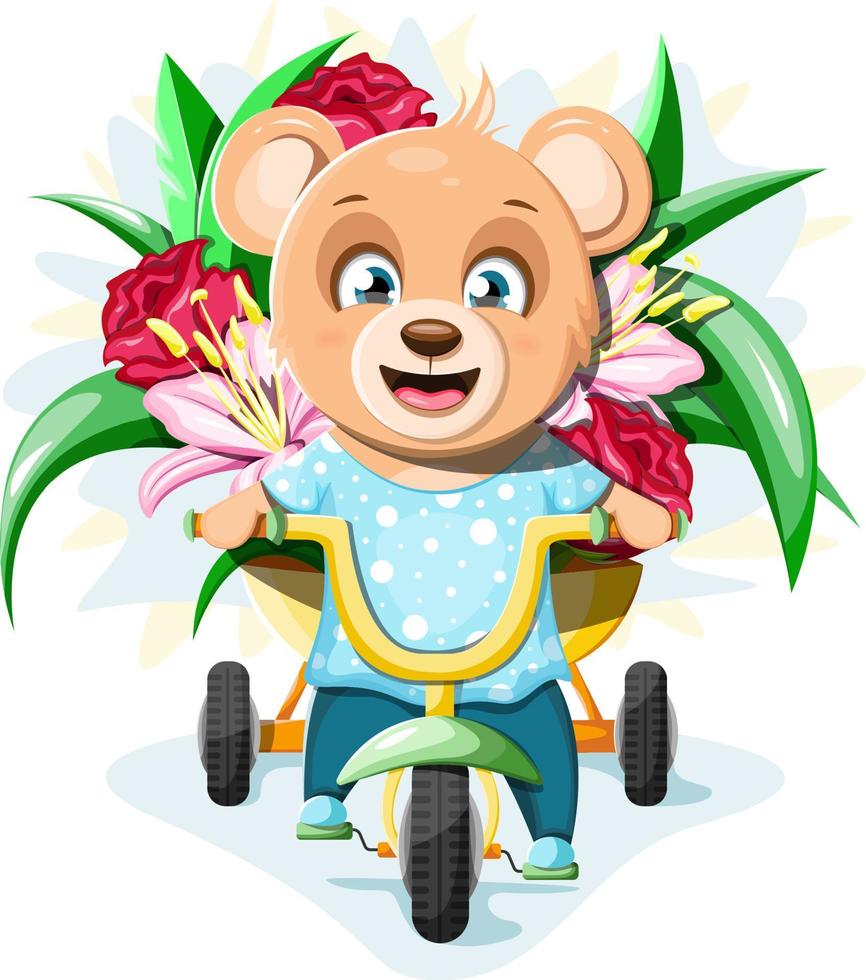 A cute and cheerful Teddy Bear rides a tricycle with a large bouquet of flowers vector