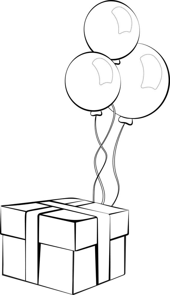Coloring page. Gift box with 3 balloons vector
