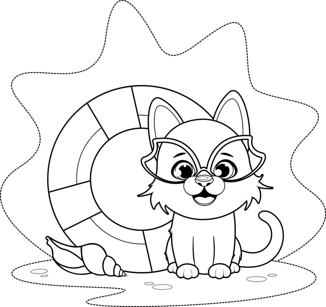 Coloring page. Cute puppy in goggles with a lifebuoy and a seashell vector